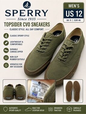 Sperry Topsider CVO Men’s Sneakers Size 12 Olive Green Canvas Gum Sole 104765